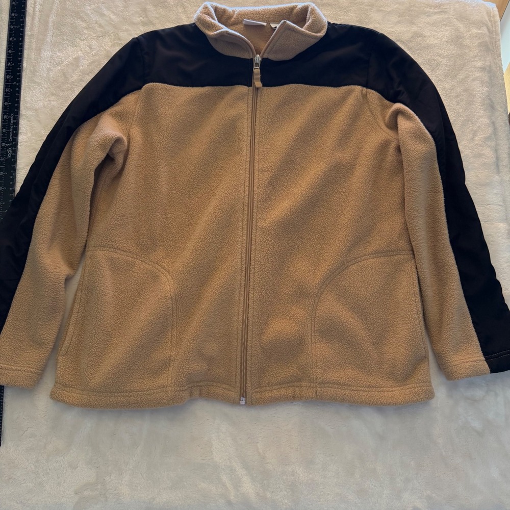 Kim Rogers Womens Tan Black Colorblock Full Zip Fleece Jacket Mock Neck Size M